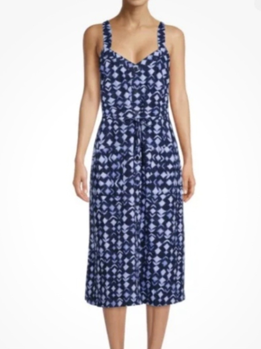 Time & Tru (Women's M) Blue Geometric Patterned Linen Blend Midi Sundress